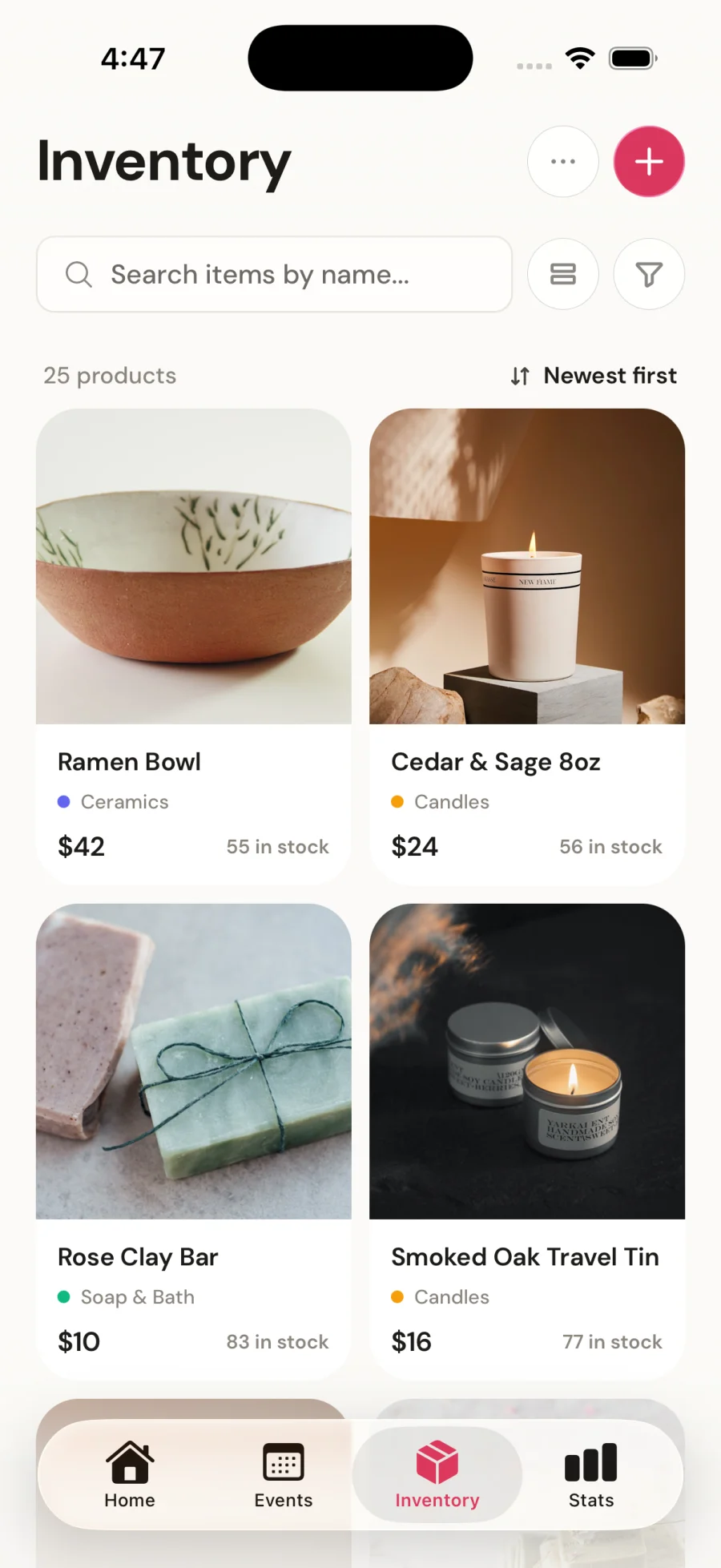 Velsy inventory screen showing a photo grid of 25 products with prices and stock counts